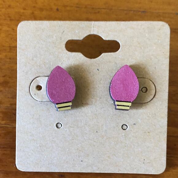 Pink Christmas Lights Stud Earrings - Hand Painted Wood, Hypoallergenic - Picture 1 of 4